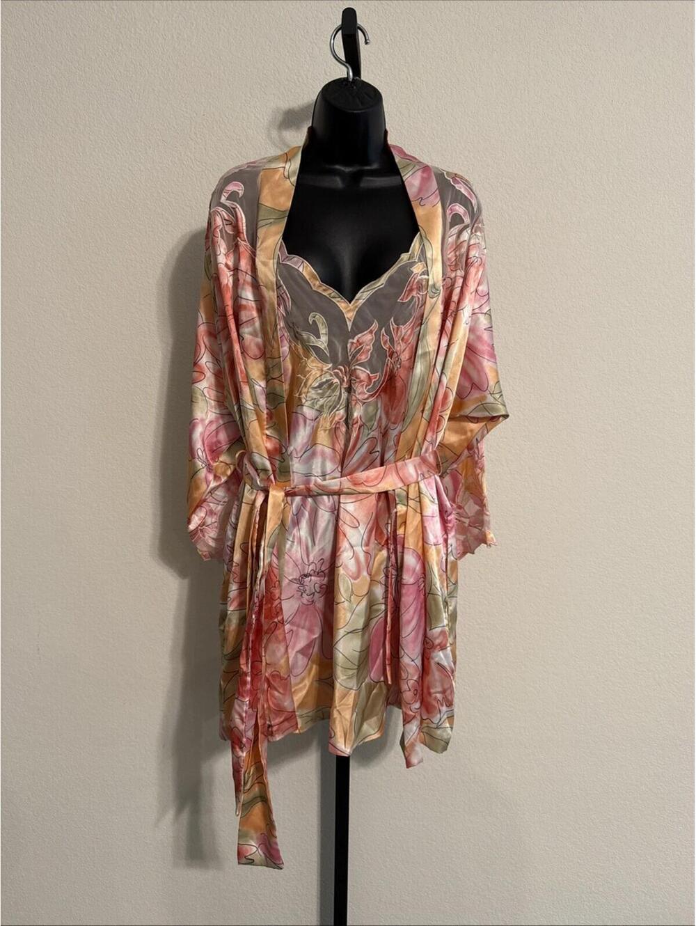 Vintage Natori 3-Pcs Pajama Robe Set Floral Pink Lace Trim Burnout - LRG